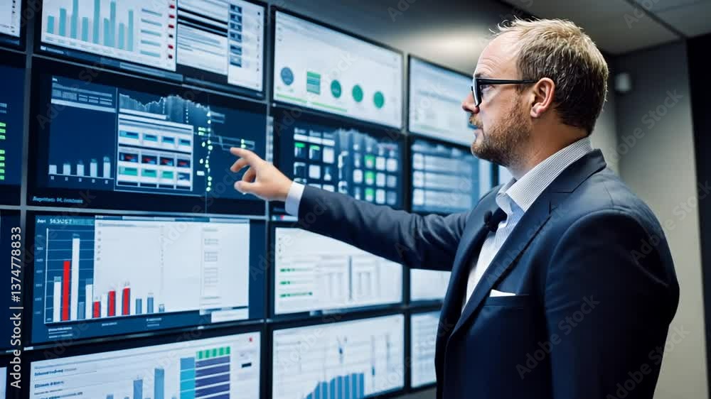 Aufkleber a data analyst reviewing analytics on multiple screens in a modern control room