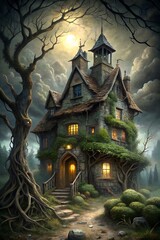 Fototapeta premium Haunted Medieval House in Moonlight