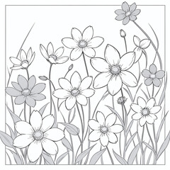 Black and white line art illustration of wildflowers on a white background. Simple floral sketch, perfect for design 