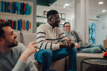 Coworkers chatting and relaxing on sofa during break time