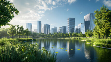 A city park surrounded by high-tech eco-buildings powered by solar and wind energy.