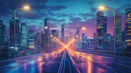 Obraz premium A city skyline with kinetic energy streetlights powered by pedestrian movement.