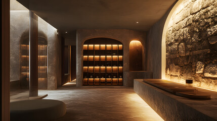 A sophisticated 3D interior rendering of a luxury wine cellar featuring custom-built wooden racks ambient LED lighting and elegant stone walls.