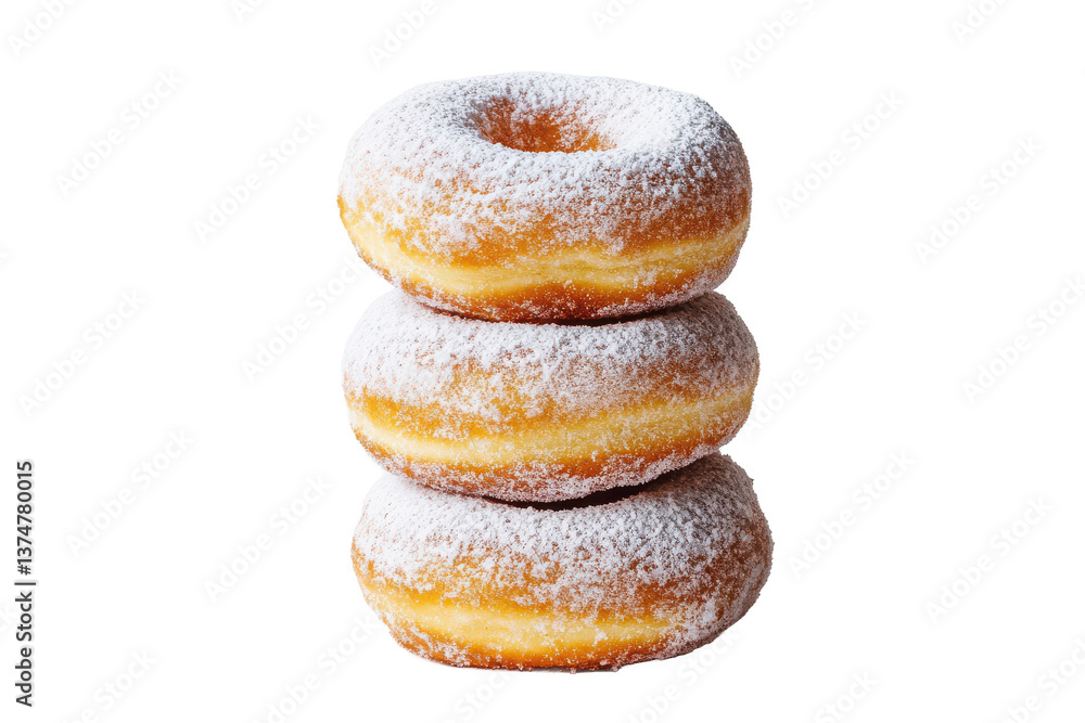 Aufkleber a stack of three powdered sugar donuts on a black background in a vertical composition view
