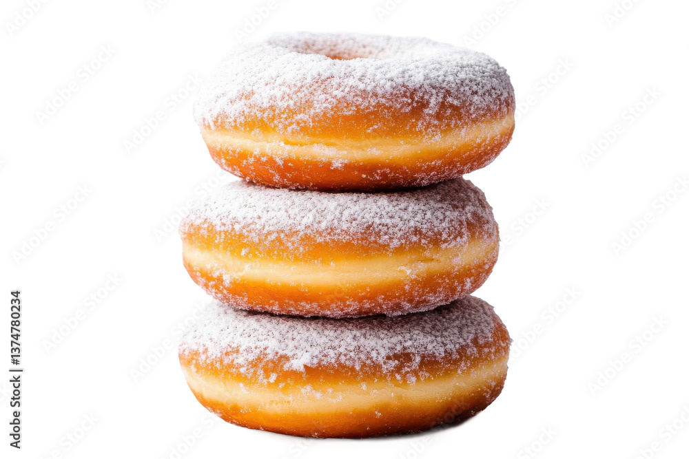 Aufkleber a stack of three powdered donuts against a black background in a studio setting, close up view