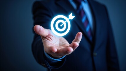 Business achievement objective target concept, strategic planning for business growth and target customer group. Businessman holding target icon for business objective.