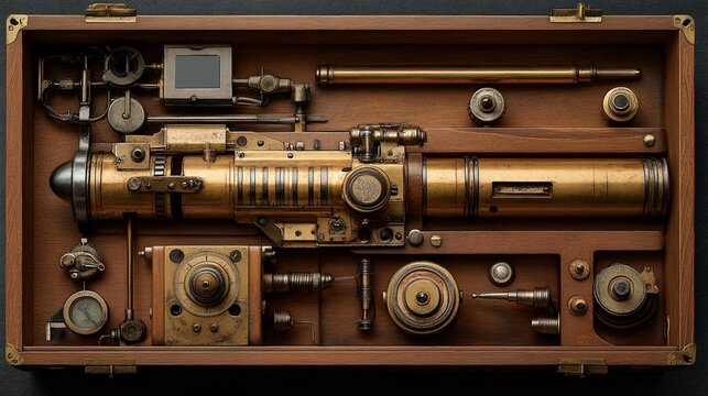 Steampunk Brass Machine Kit in Wooden Box Detailed Composition suitable for editorial use