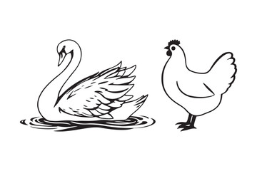 Elegant Swan and Playful Chicken Silhouettes Charming Bird Illustrations in Black