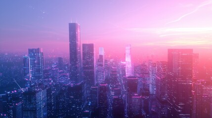 Fototapeta premium Futuristic cityscape with neon lights and towering skyscrapers at dusk. The sky blends dreamy pink and purple tones over a modern metropolis.