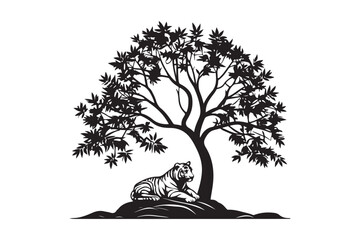 Majestic Tiger Under Tree Silhouette Striking Wildlife Illustration in Black