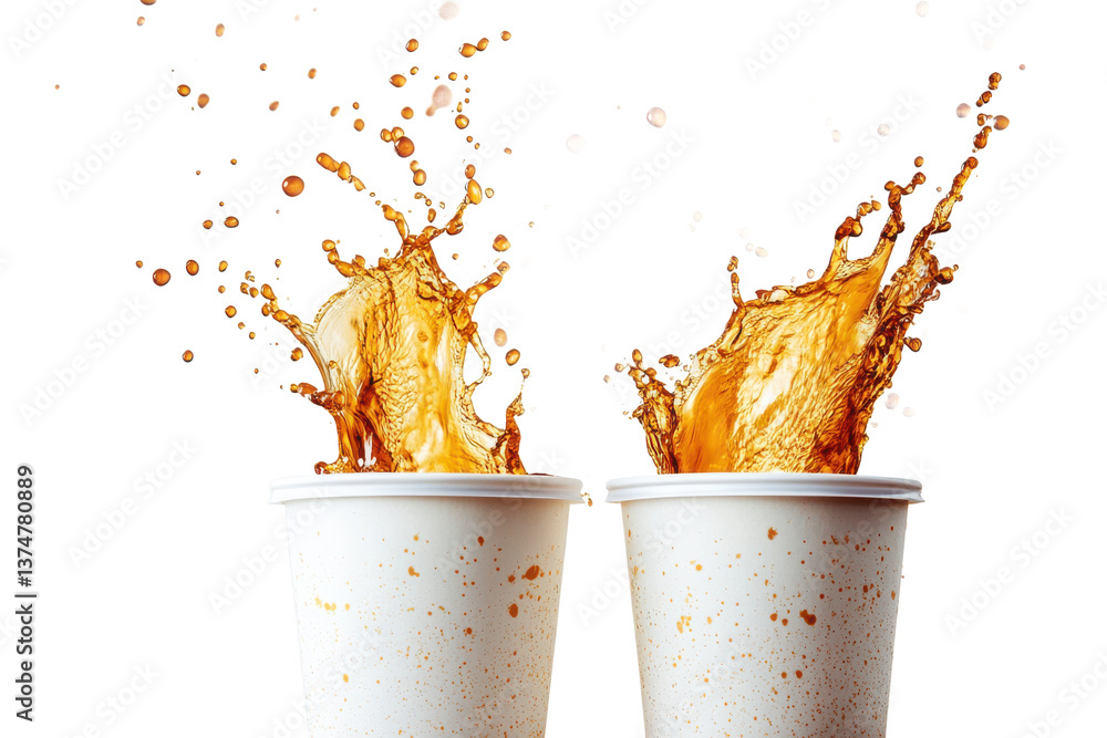 Poster two white cups with liquid splashing out creating a dynamic and energetic visual display of beverage