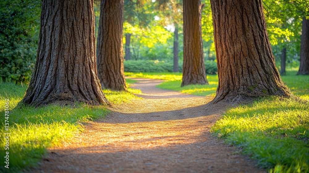 Poster path through dense forest surrounded by tall trees on either side, with lush grass on the opposite s