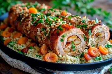 Succulent rolled chicken is filled with apricots and herbs, served atop a bed of fluffy couscous, garnished with nuts and fresh parsley on a rustic wooden surface