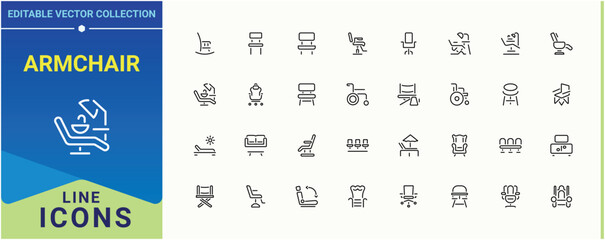 Armchair related icon set. It contains symbols to furniture, room, couch, arm, seat, arm, sofa and more. Chair line icon set. Minimal thin line web icons set. Editable stroke collections.
