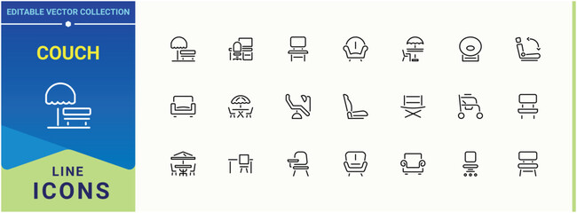 Couch related icon. Related to furniture, room, arm, seat, interior and more. Chair icon set. Icons for application. Editable vector art.