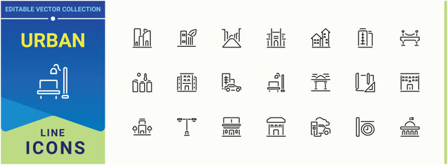 Urban related icon. Pack of connect, building, city, town, transport and more. Cities linear icon. Thin web icons. Pixel perfect. Editable vector.