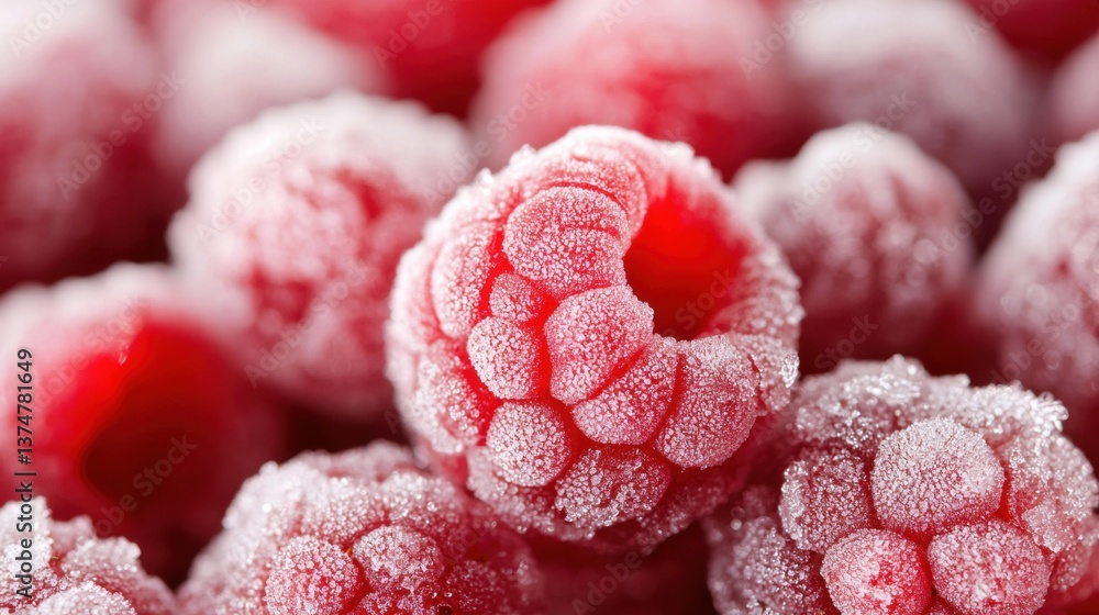 Aufkleber close-up of a group of raspberries covered in a layer of frost. the berries are bright red in color 