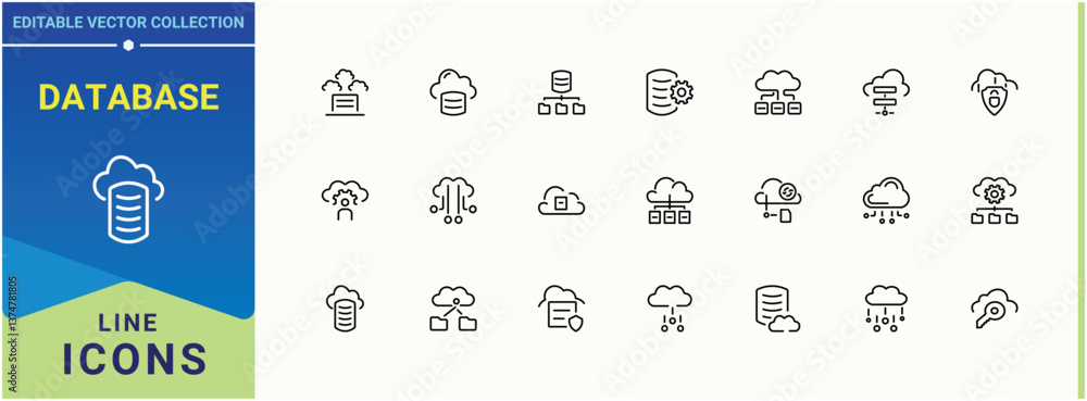 Poster database icon set. containing network, networking, server, computing, hosting, tech, cloud and more.