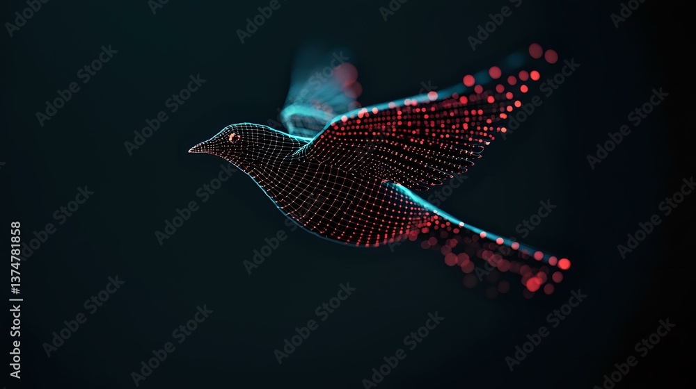 Poster digital particle bird silhouette with glowing red and blue dots forming flying avian shape against d