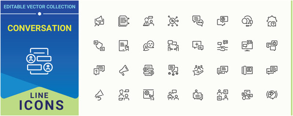 Conversation icon set. Related to message, chat, assist, call, website, info and more. Communication icon set in linear style. Minimal icons collection. Editable stroke. Vector collection.