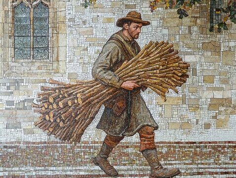 Mosaic depiction of a man carrying a bundle of sticks, set against a textured wall, showcasing intricate artistry and historical charm.