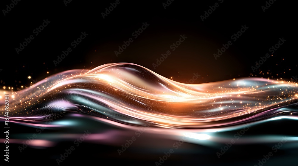 Poster luminous flowing waves with orange and turquoise light streaks against dark background create dynami