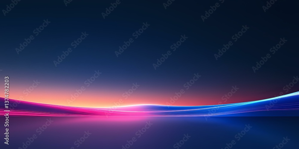 Poster futuristic glowing horizon line with neon pink and blue light trails against dark background, creati