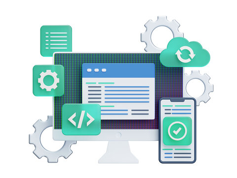 Desktop smartphone app development, cloud computing network concept. Coding, programming 3d render illustration isolated on transparent background