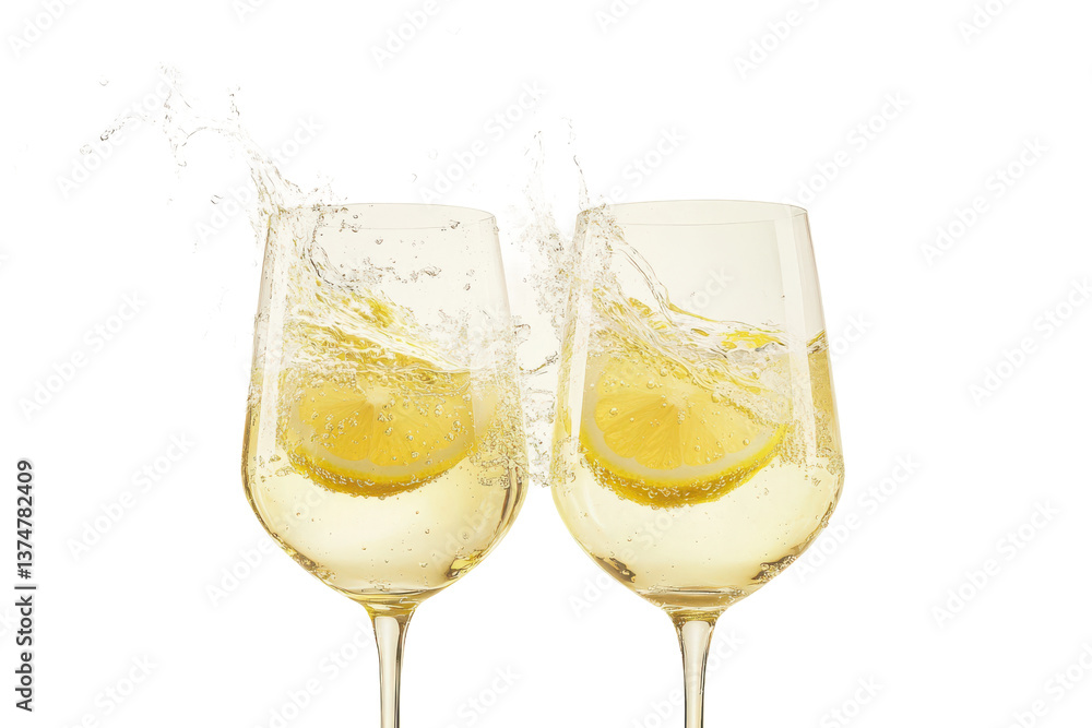 Poster two wine glasses with lemon slices toasting and splashing on a black isolated background scene image
