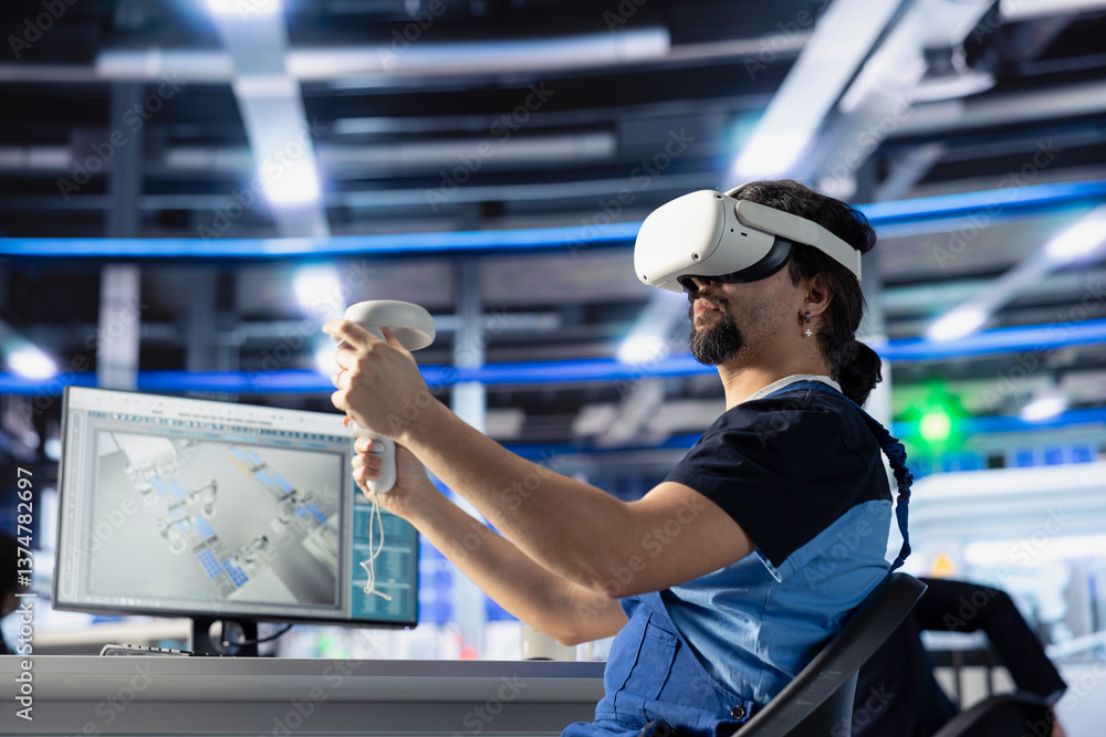 Poster photovoltaics factory technician using vr tech to analyze and modify assembly line configurations. s