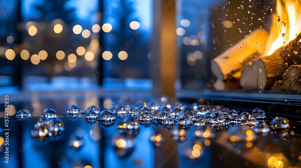 Poster water drops on dark reflective surface with blurred warm lights and fire in background creating magi