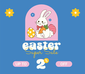Happy Easter sale 2% off. Two Percent OFF Super Sale. Happy Easter Vector with Bunny, Colorful Easter Eggs, Flowers. Illustration.