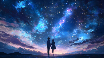 A couple standing hand in hand under a sky full of stars.