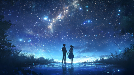Fototapeta premium A couple standing together holding hands under a sky filled with stars.