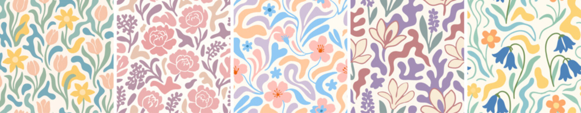Bundle of seamless spring floral patterns with tulips, bluebells, peonies, and abstract foliage
