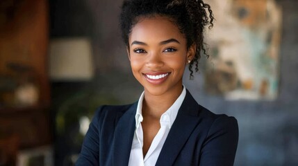 Businesswoman Dressed in a Suit, Smiling with Assurance