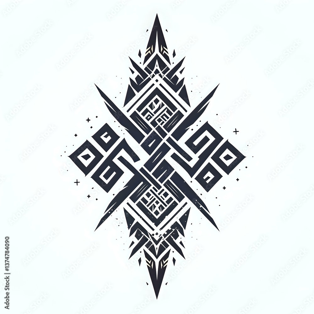 Poster geometric tribal tattoo design with angular patterns and symmetrical shapes in black on white backgr