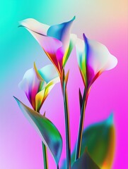 Digital illustration of canna lilies with vibrant, iridescent colors set against a smooth pastel gradient background. Modern floral art concept.