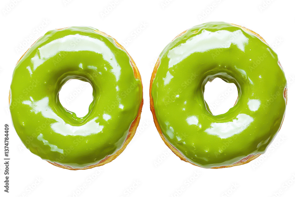 Poster two donuts with green glaze displayed side by side on a black background in a close up shot