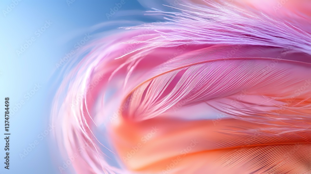Poster delicate pink and coral feathers create ethereal macro composition against soft blue background, sho