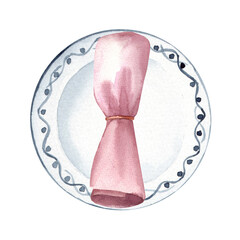 Watercolor illustration of white ceramic plate with purple cloth napkin. Elegant table setting for holidays and formal banquets. Wedding decor
