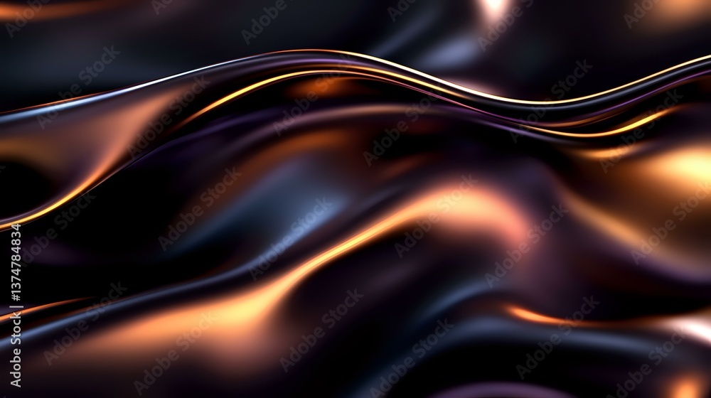 Poster luxurious dark waves with golden highlights create elegant flowing curves against black background. 