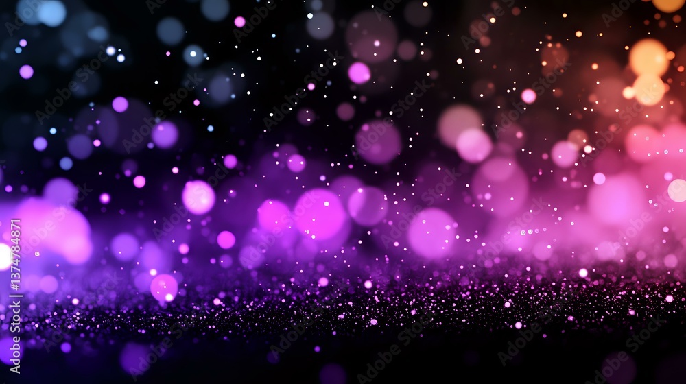 Poster magical glowing bokeh lights in purple and pink colors against dark background with sparkling partic