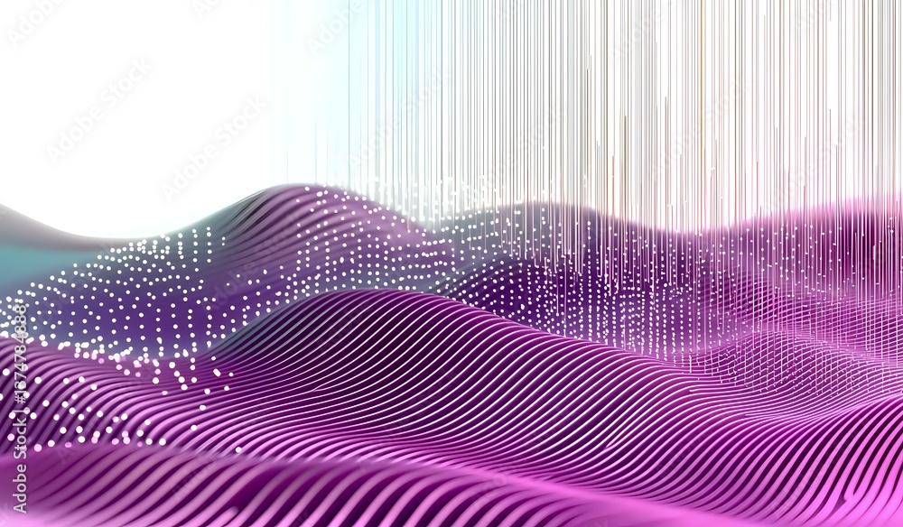 Poster abstract digital landscape with flowing purple particle waves and white dots creating dynamic terrai