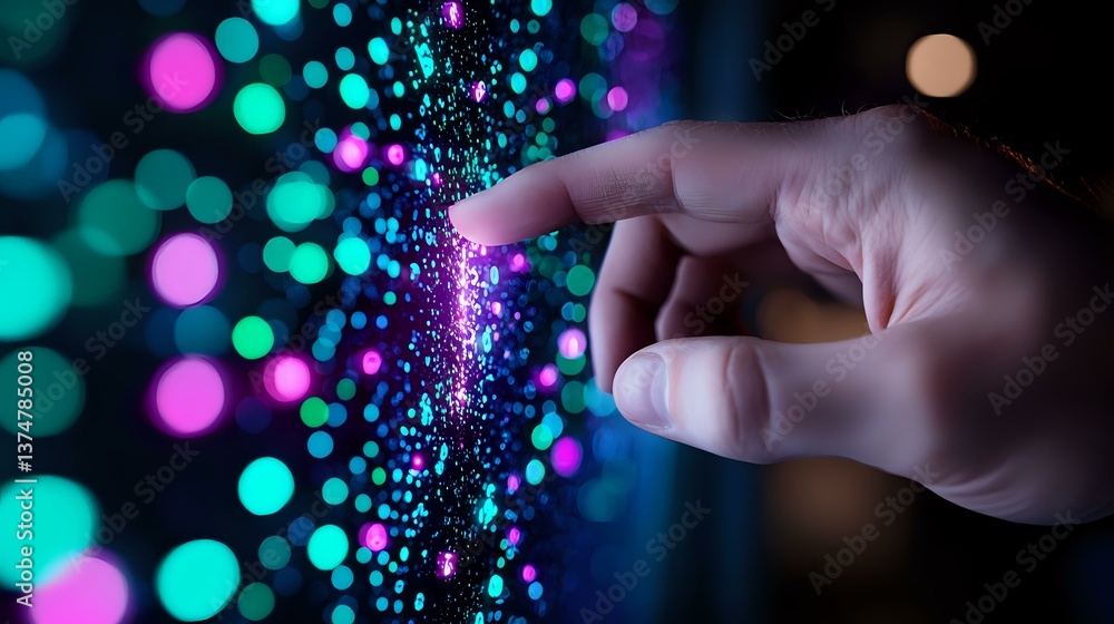 Poster magical finger touch creating sparkly burst of pink and turquoise bokeh lights against dark backgrou