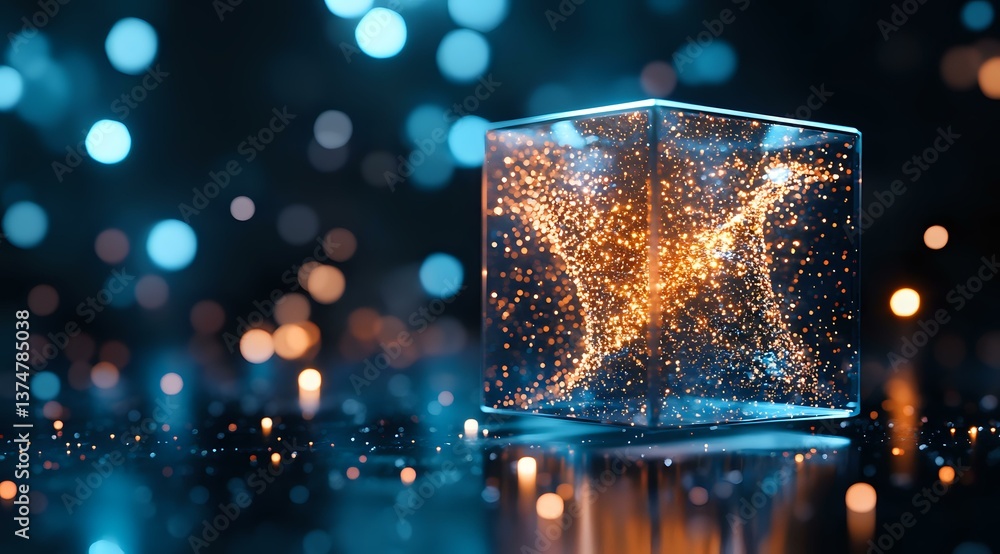Poster glowing golden particles form bird silhouette trapped in glass cube against dark background with bok