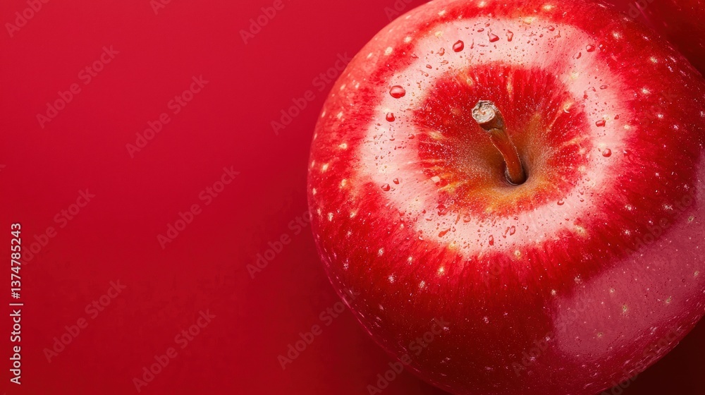 Poster close-up of a red apple with water droplets on it. the apple is in focus, while the background is bl