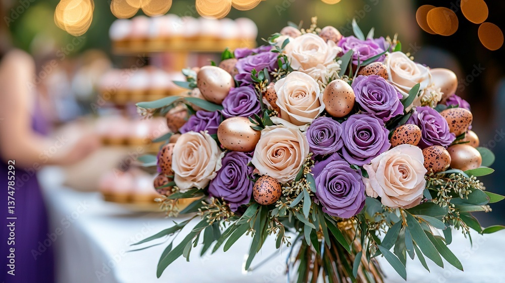 Poster a bouquet of flowers resting on a table alongside a cake and illuminated by lights in the backdrop