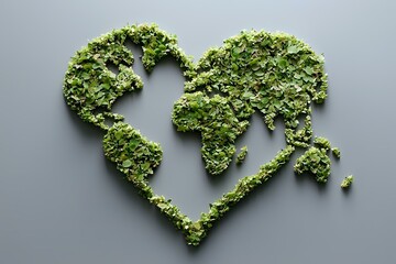 Heart-shaped world map made from fresh green leaves and plants on gray background, representing eco-friendly love for planet Earth and environmental care.