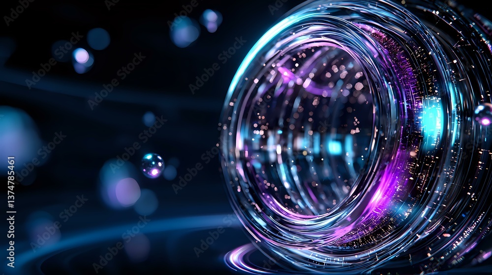 Poster glowing spiral tunnel with neon blue and purple light effects, digital particles and bokeh backgroun